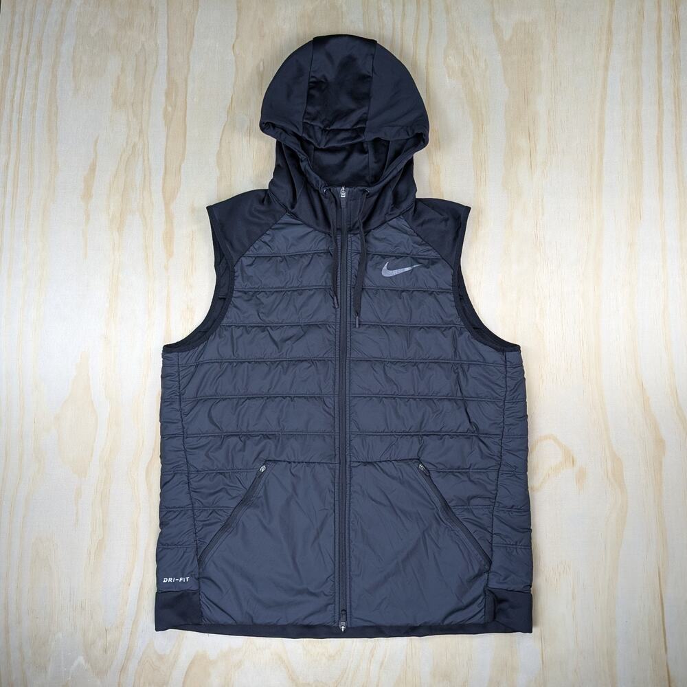 Nike Men's XL Dri-Fit Hooded Vest Black Quilted Puffer Full Zip Running